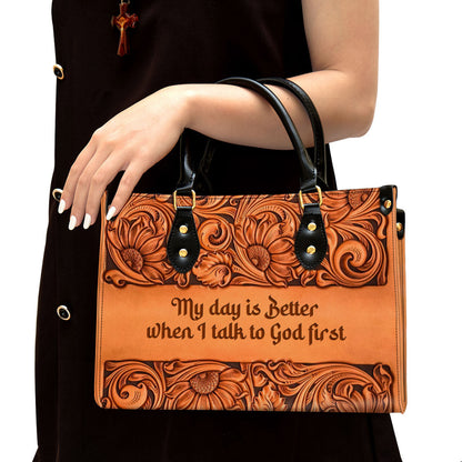 My Day Is Better When I Talk To God First Zippered Orange Leather Handbag With Handle Religious Gifts For Christian Women