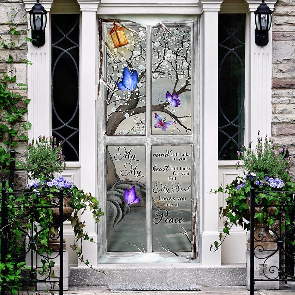 My Soul Knows You Are At Peace Butterfly Memory Sign Door Cover - Religious Door Decorations