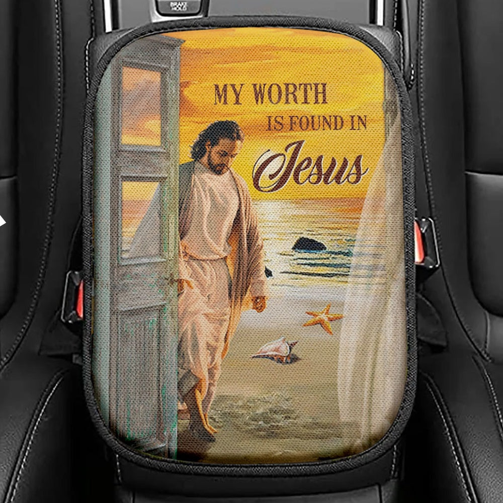 My Worth Is Found In Jesus God Seat Box Cover, Jesus Christ Car Center Console Cover, Christian Car Interior Accessories