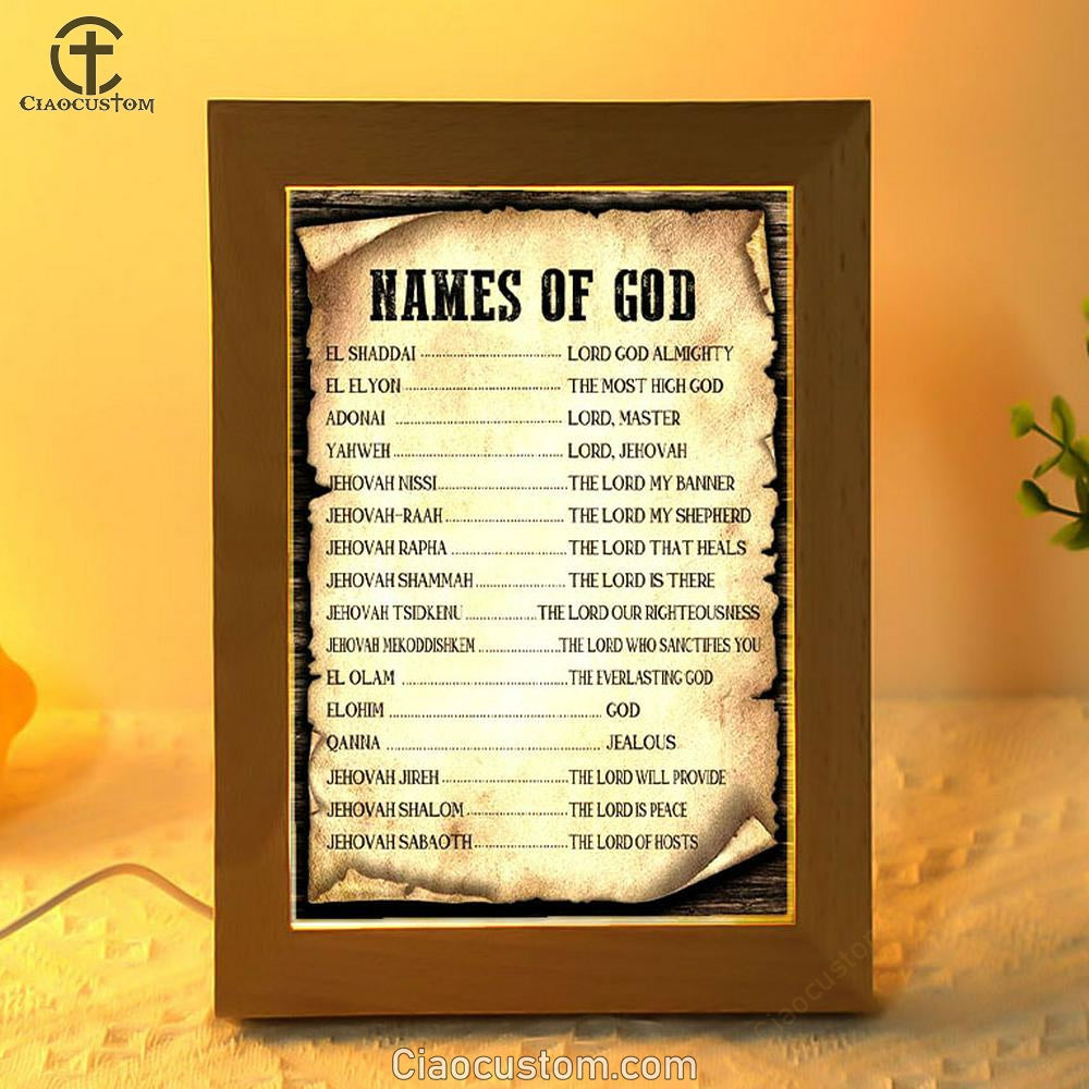 Names Of God Christian Frame Lamp Prints - Bible Verse Wooden Lamp - Scripture Night Light