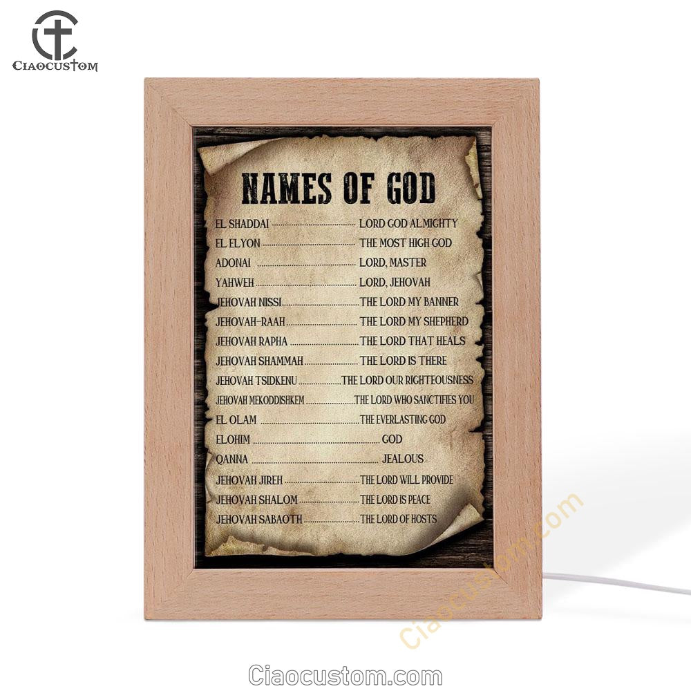 Names Of God Christian Frame Lamp Prints - Bible Verse Wooden Lamp - Scripture Night Light