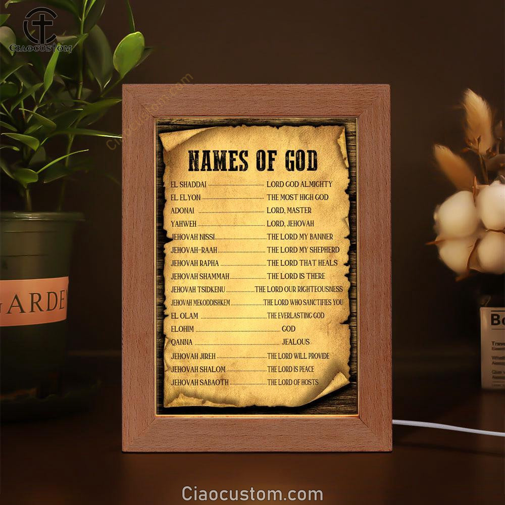 Names Of God Christian Frame Lamp Prints - Bible Verse Wooden Lamp - Scripture Night Light