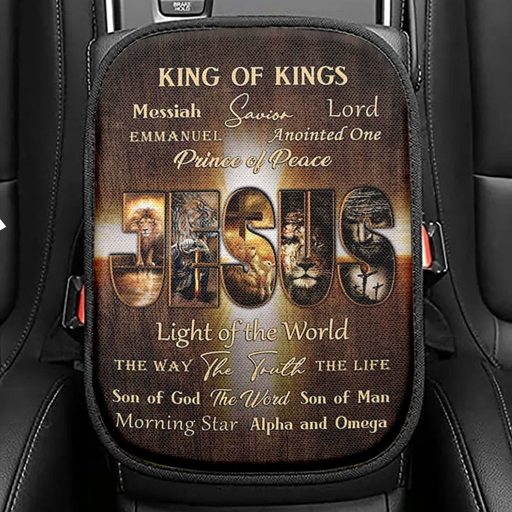 Names Of Jesus Warrior Of God Seat Box Cover, Inspirational Car Center Console Cover, Christian Car Interior Accessories