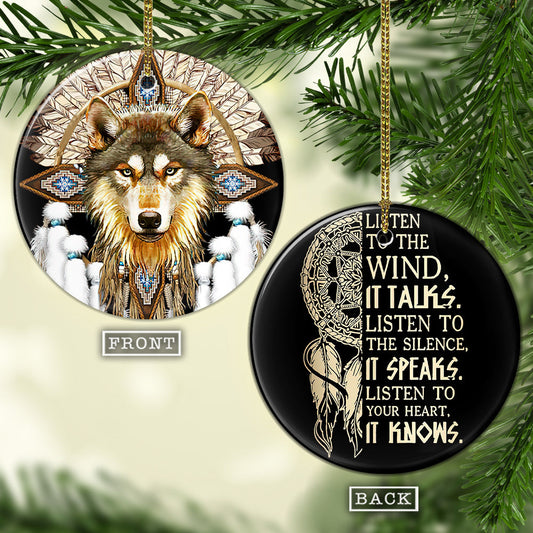 Native American Wolf Listen To Your Heart Circle Ornament - Christmas Ornament - Ciaocustom