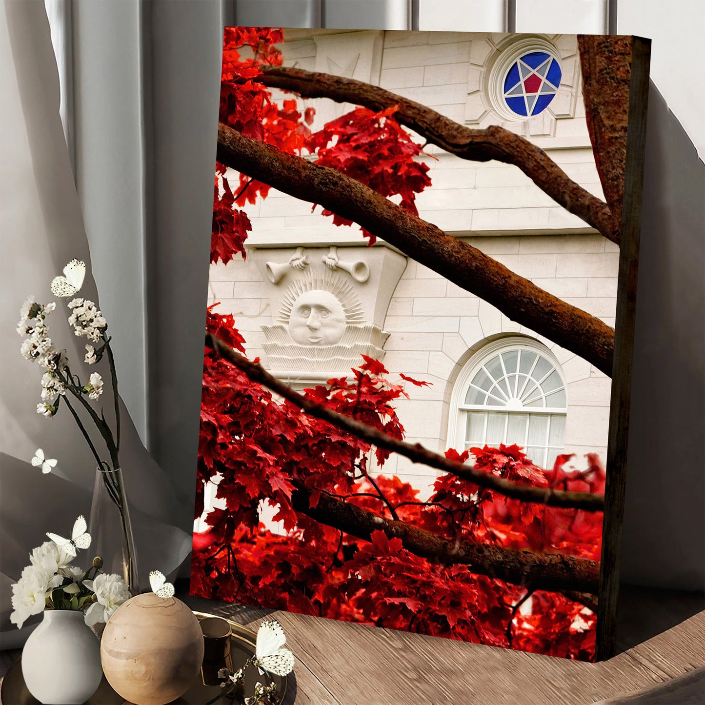 Nauvoo Temple Red Leaves Vertical Crop Canvas Pictures - Jesus Canvas Art - Christian Wall Art