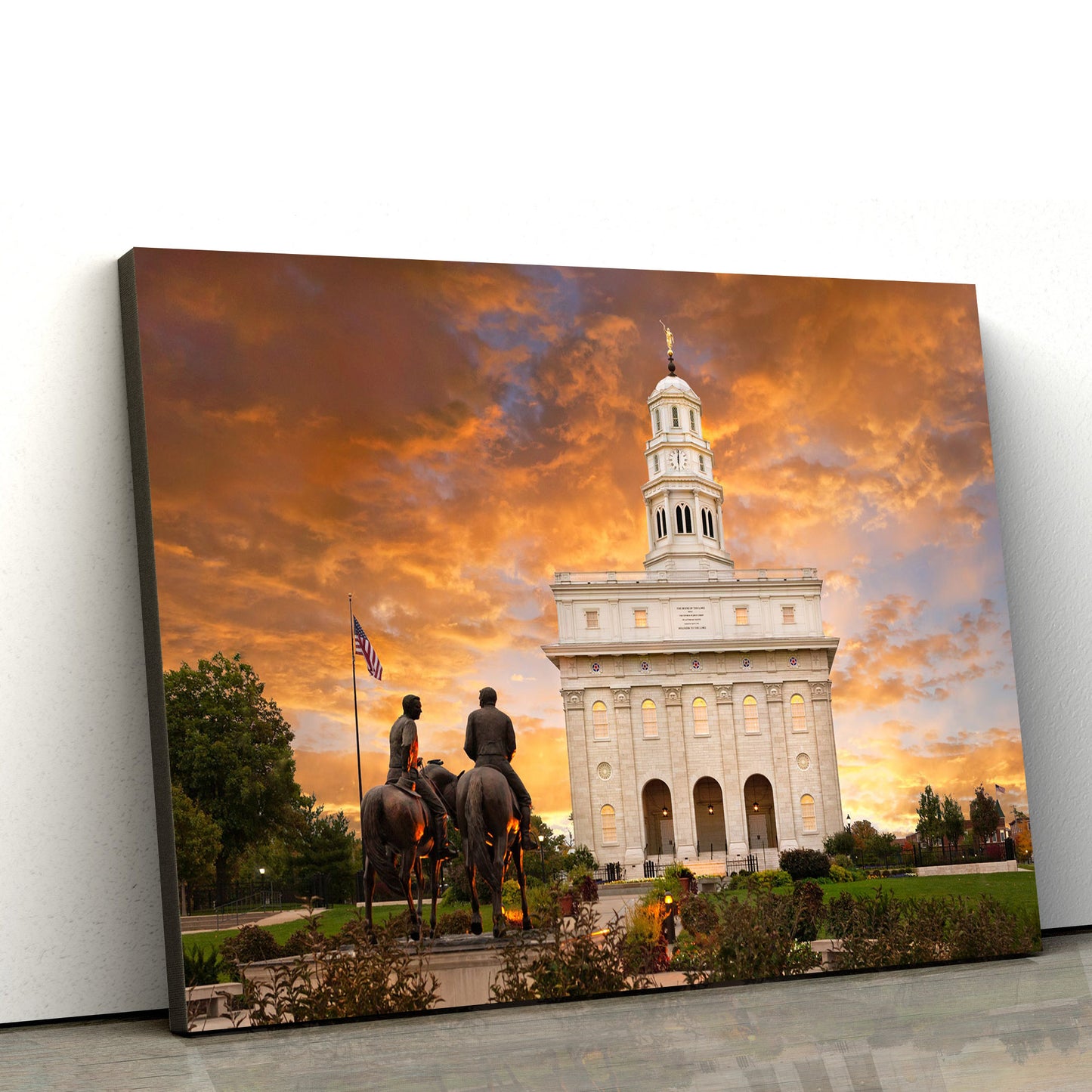 Nauvoo Temple Sunrise With Joseph And Hyrum Canvas Wall Art - Jesus Christ Picture - Canvas Christian Wall Art