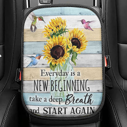 New Beginnings Hummingbirds Sunflowers Seat Box Cover, Inspirational Car Center Console Cover, Encouragement Gifts For Women Woman