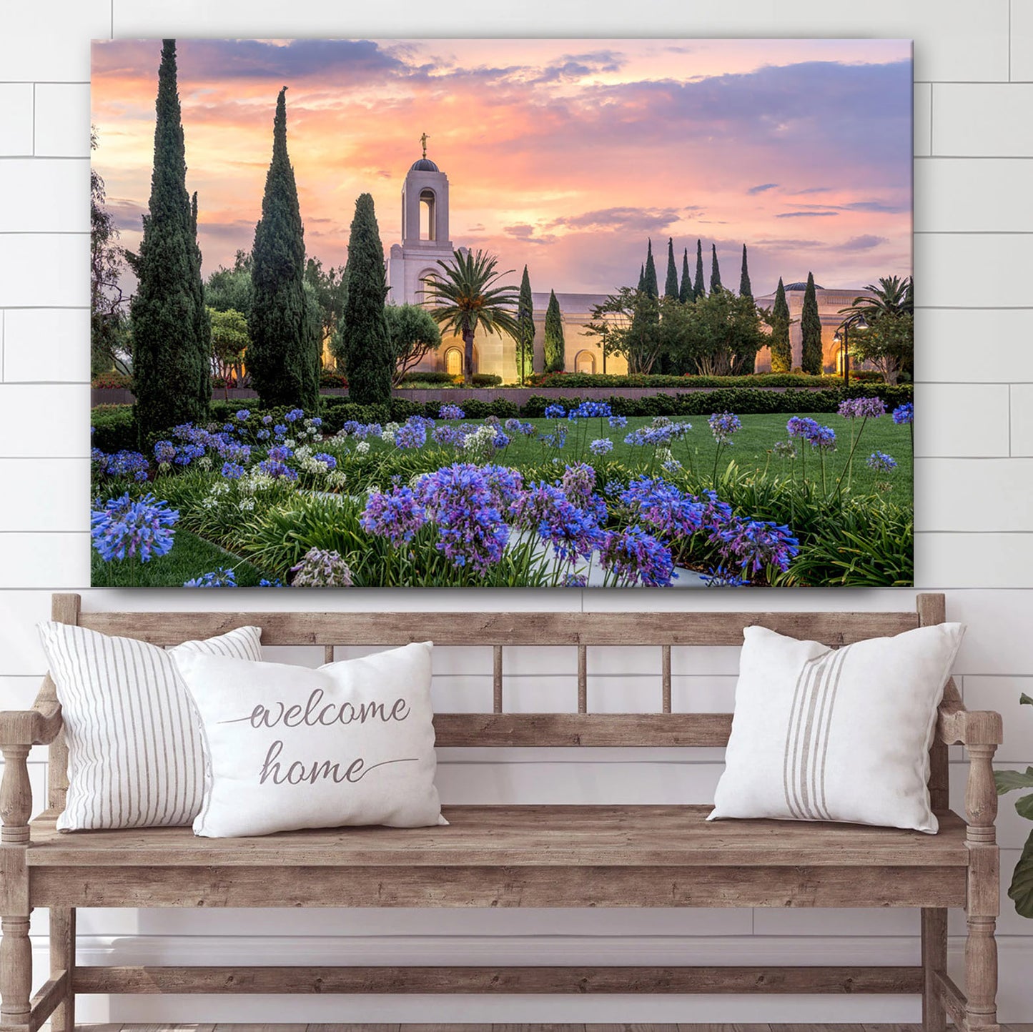 Newport Beach Temple Flower Pathway Canvas Wall Art - Jesus Christ Picture - Canvas Christian Wall Art