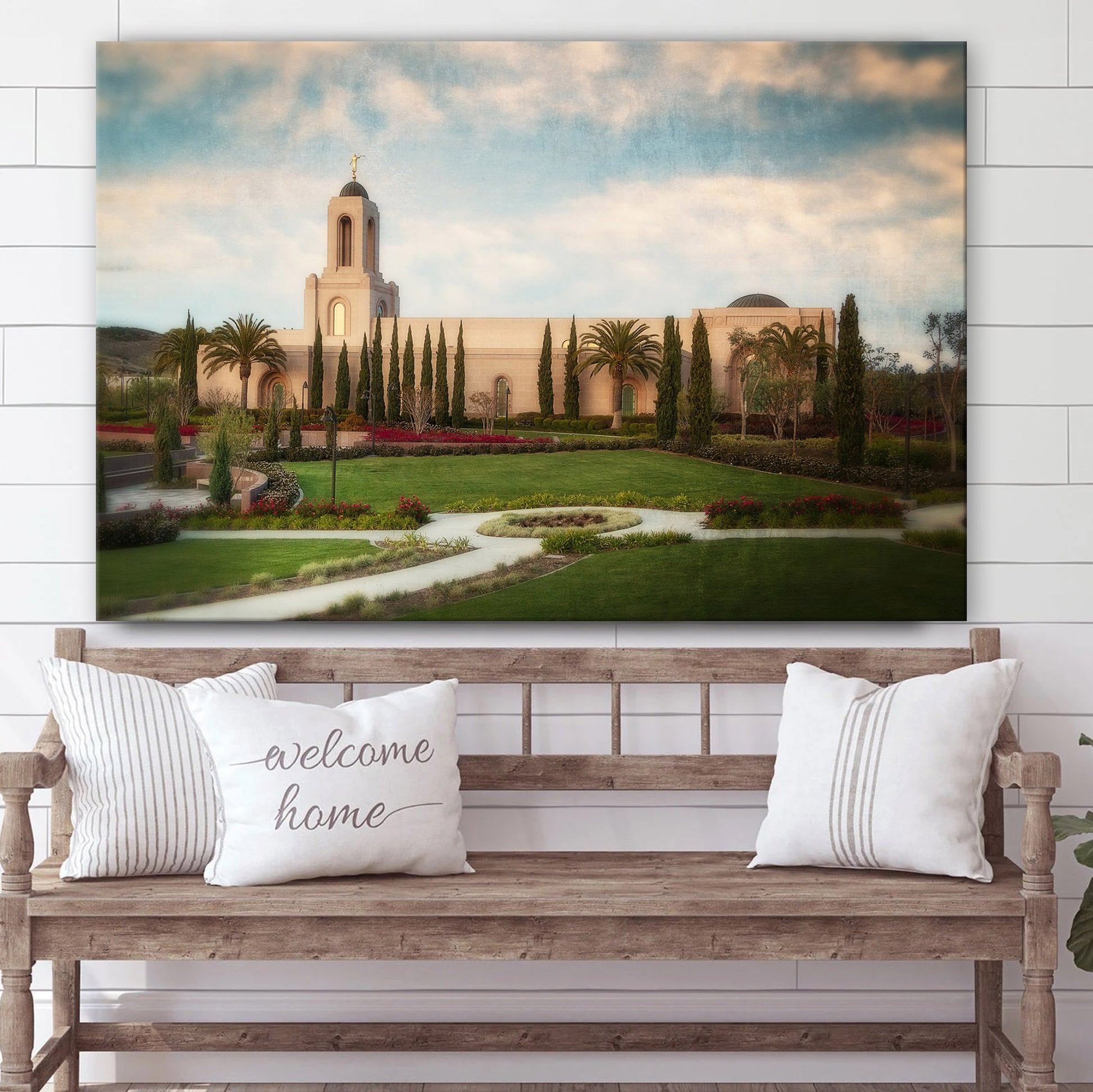 Newport Beach Temple Vintage Blue Sky Canvas Wall Art - Jesus Christ Picture - Canvas Christian Wall Art