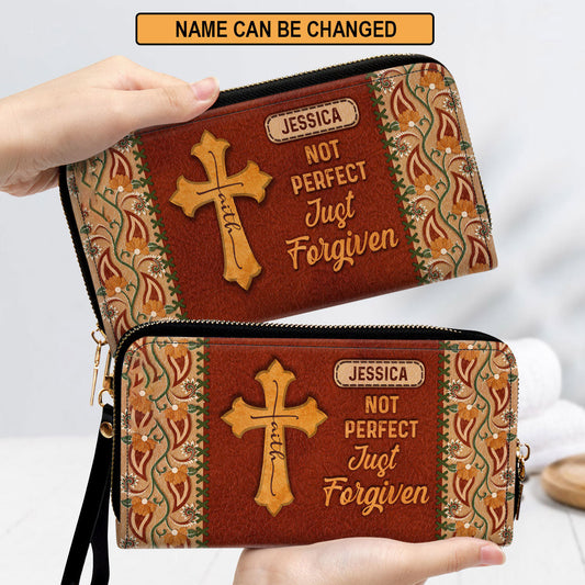 Not Perfect Just Forgiven Awesome Cross Clutch Purse For Women - Personalized Name - Christian Gifts For Women