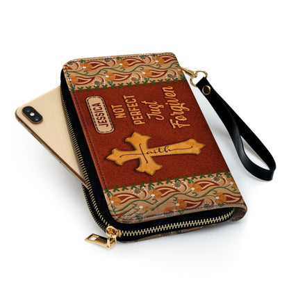 Not Perfect Just Forgiven Awesome Cross Clutch Purse For Women - Personalized Name - Christian Gifts For Women