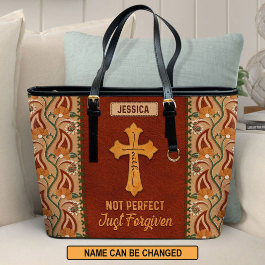 Not Perfect Just Forgiven Personalized Lion Large Leather Tote Bag - Christian Inspirational Gifts For Women
