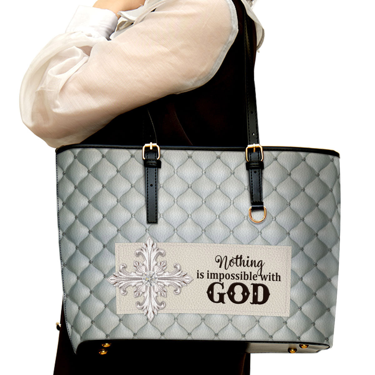 Nothing Is Impossible With God Cross Large Leather Tote Bag - Christ Gifts For Religious Women - Best Mother's Day Gifts