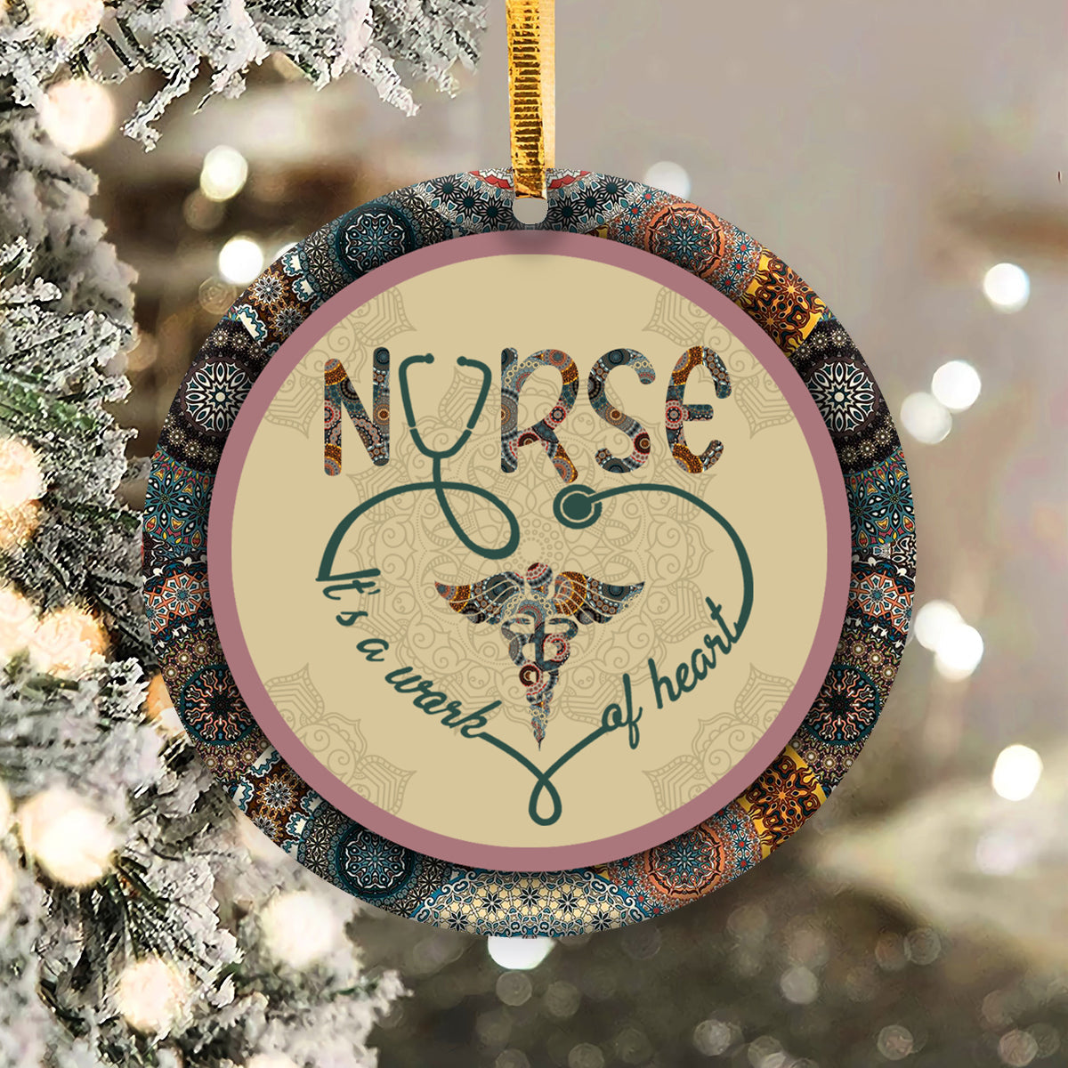 Nurse Boho Pattern Style Ceramic Circle Ornament - Decorative Ornament - Christmas Ornament
