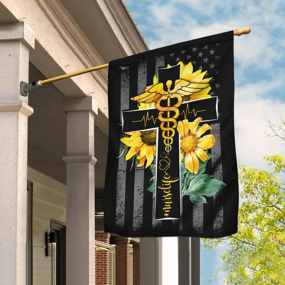 Nurse Life Sunflower Christian Cross House Flag - Christian Garden Flags - Outdoor Religious Flags