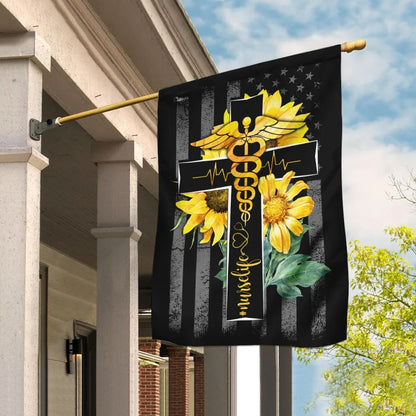 Nurse Life Sunflower Christian Cross House Flag - Christian Garden Flags - Outdoor Religious Flags
