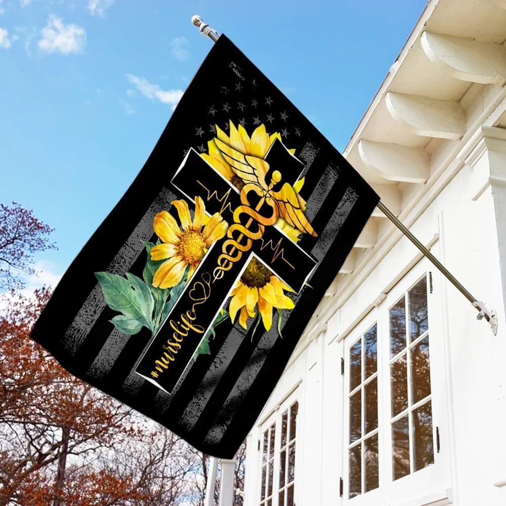 Nurse Life Sunflower Christian Cross House Flag - Christian Garden Flags - Outdoor Religious Flags