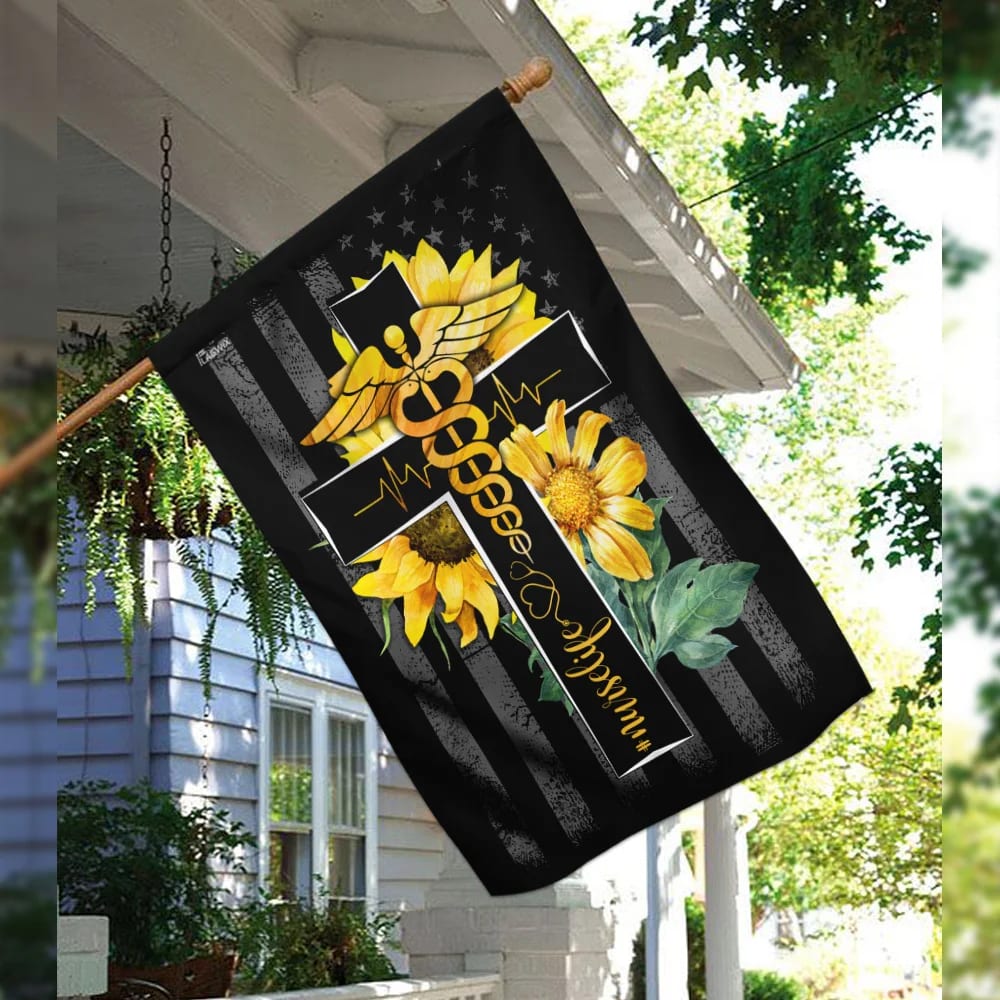 Nurse Life Sunflower Christian Cross House Flag - Christian Garden Flags - Outdoor Religious Flags