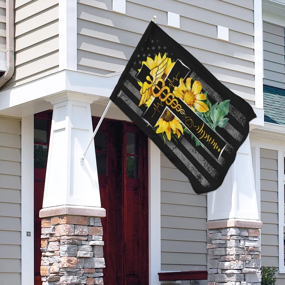Nurse Life Sunflower Christian Cross House Flag - Christian Garden Flags - Outdoor Religious Flags