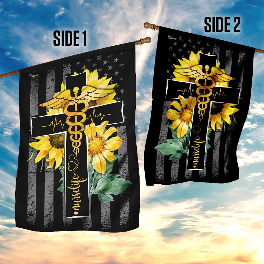 Nurse Life Sunflower Christian Cross House Flag - Christian Garden Flags - Outdoor Religious Flags