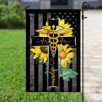 Nurse Life Sunflower Christian Cross House Flag - Christian Garden Flags - Outdoor Religious Flags