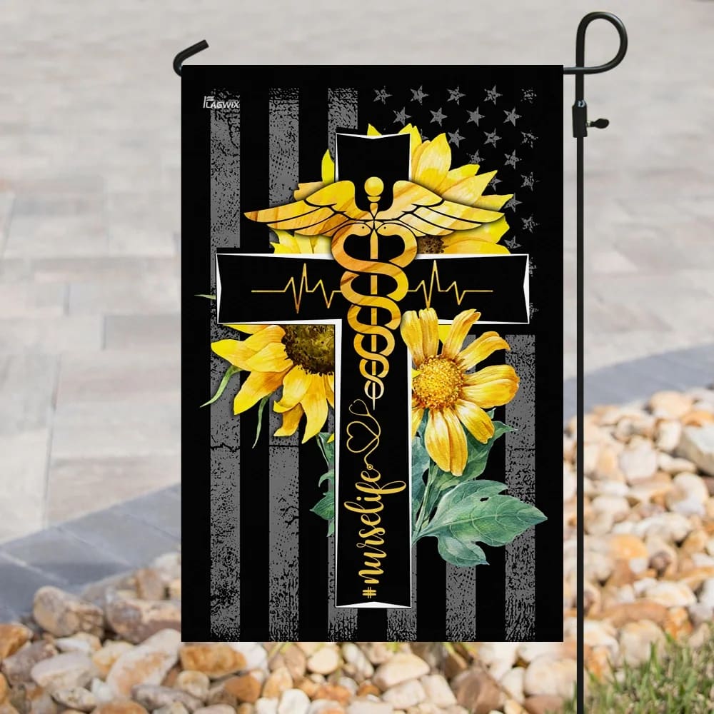 Nurse Life Sunflower Christian Cross House Flag - Christian Garden Flags - Outdoor Religious Flags