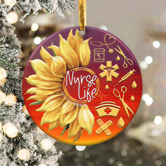 Nurse Sunflower Ceramic Circle Ornament - Decorative Ornament - Christmas Ornament