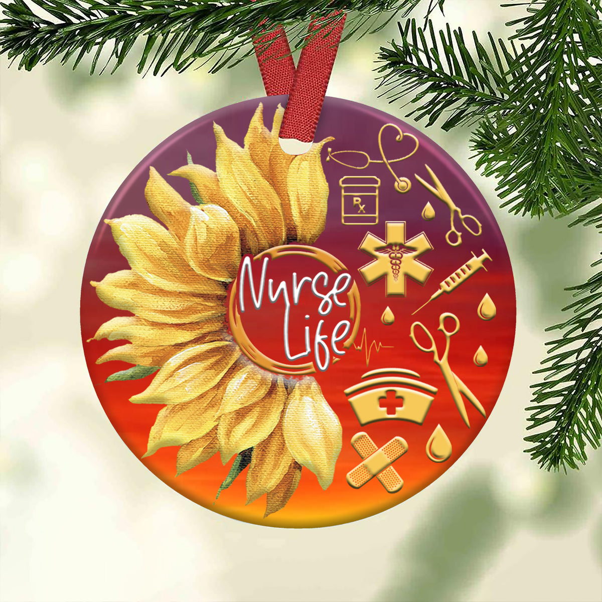 Nurse Sunflower Ceramic Circle Ornament - Decorative Ornament - Christmas Ornament