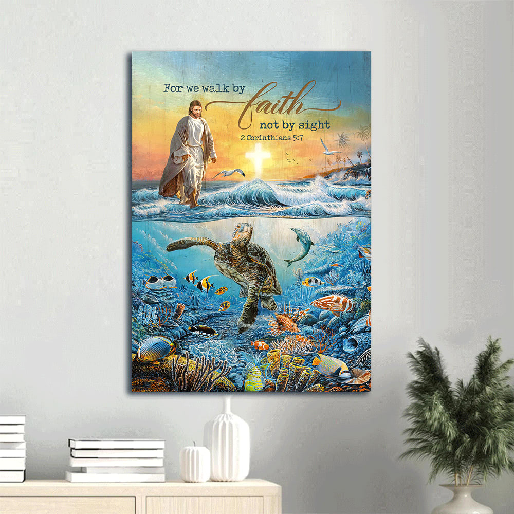 Ocean Oldest Turtle Jesus Walking On Water For We Walk By Faith Canvas Wall Art - Christian Gift
