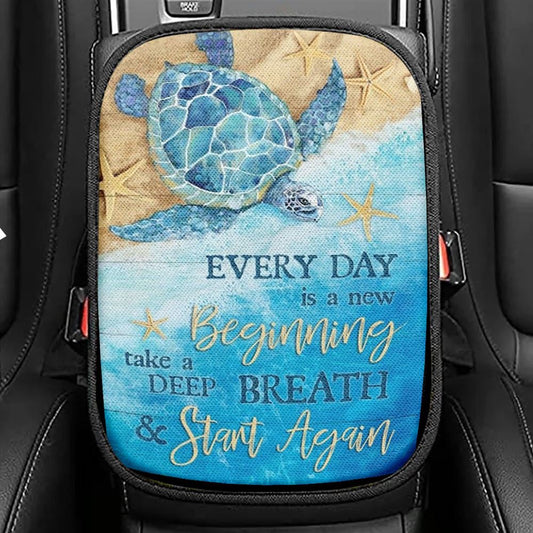 Ocean Painting Turtle Every Day Is A New Beginning Car Center Console Cover, Christian Armrest Seat Cover, Bible Seat Box Cover