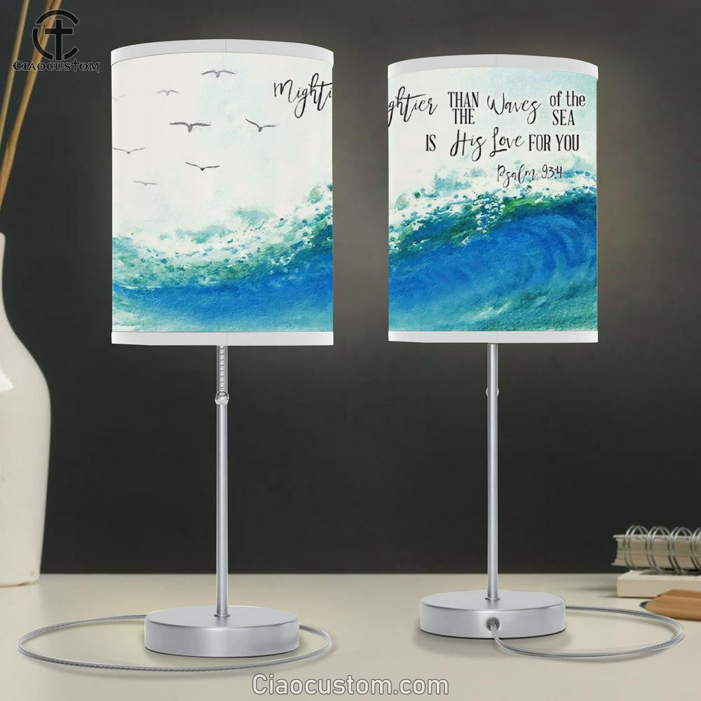 Ocean Waves - Mightier Than The Waves Of The Sea Is His Love For You - Bible Verse Table Lamp For Bedroom - Christian Room Decor
