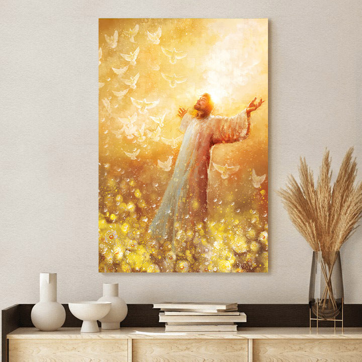 Jesus Stands In Field Flowers With Doves Canvas - Oh, Lord Poster