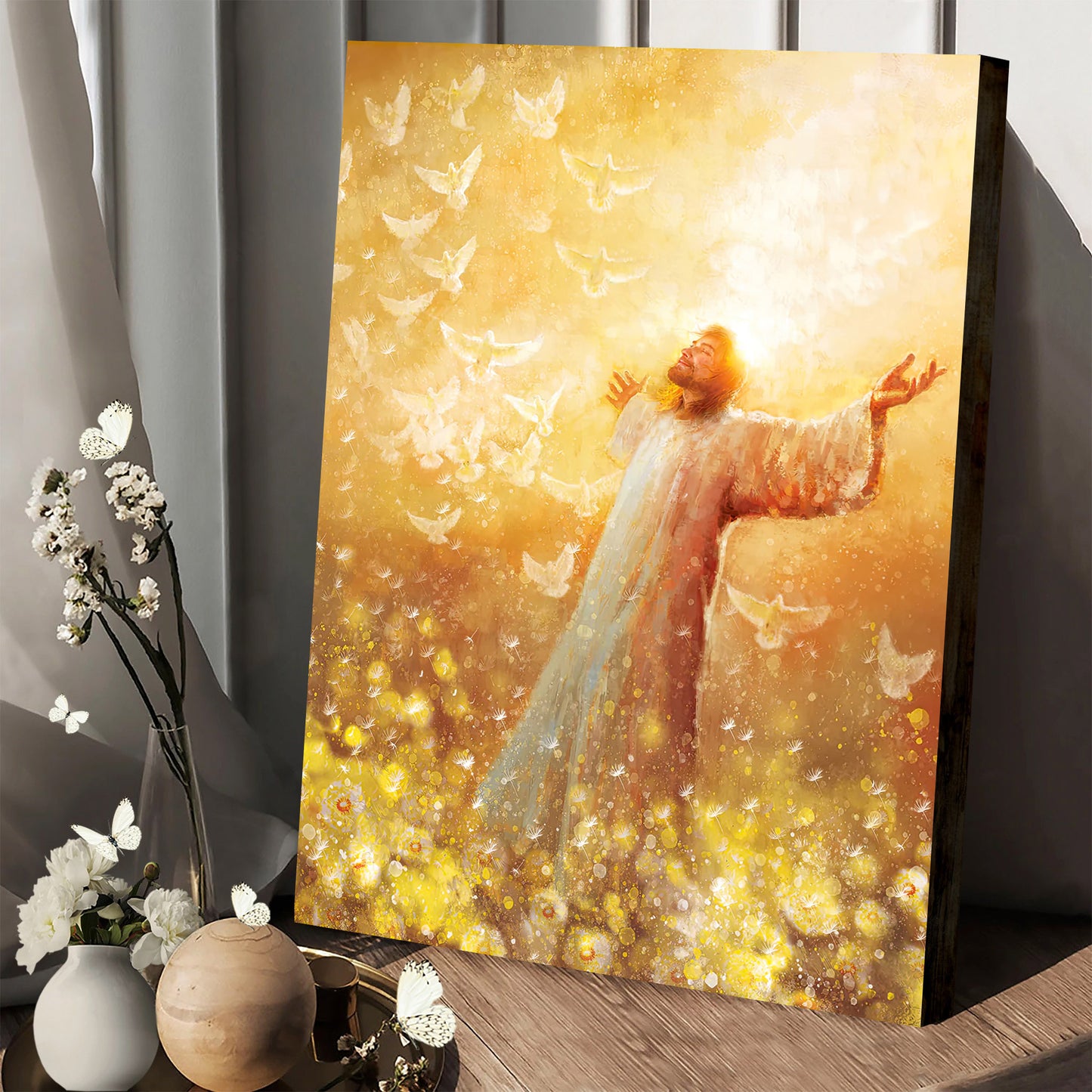 Jesus Stands In Field Flowers With Doves Canvas - Oh, Lord Poster