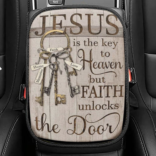 Old Keys, Vintage Door, Jesus Is The Key To Heaven Car Center Console Cover, Christian Armrest Seat Cover, Bible Seat Box Cover