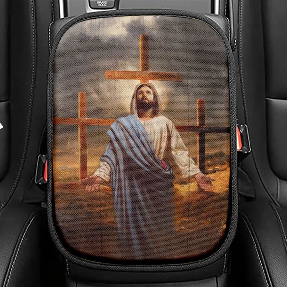 Old Rugged Cross, Jesus Painting, Black Cloud Car Center Console Cover, Christian Armrest Seat Cover, Bible Seat Box Cover