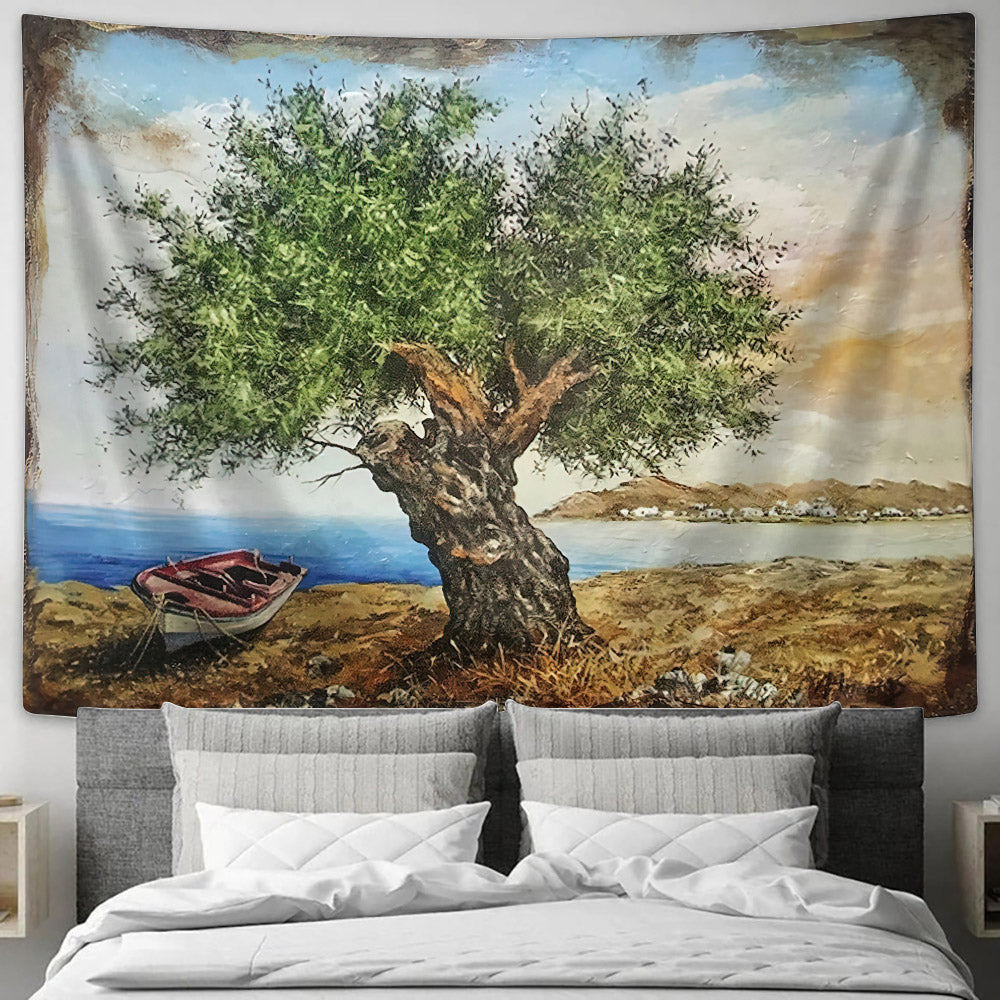 Olive Tree On Wood Painting Tapestry - Tapestry Wall Decor - Home Decor Living Room