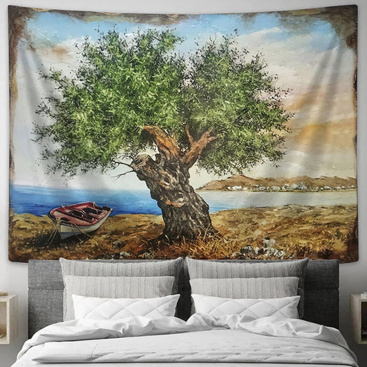 Olive Tree On Wood Painting Tapestry - Tapestry Wall Decor - Home Decor Living Room
