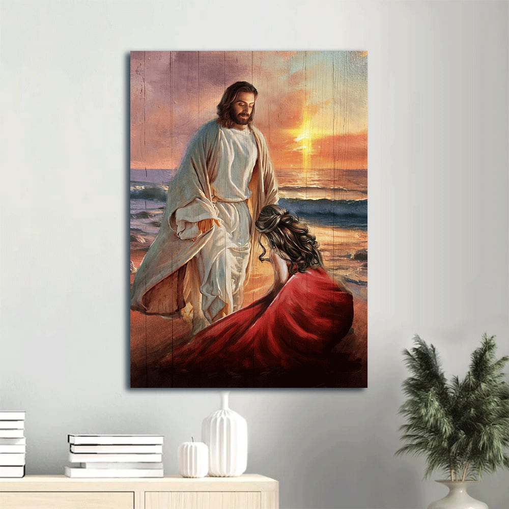 On The Beach Sunset Kneeling Before God Canvas Wall Art - Christian Gift