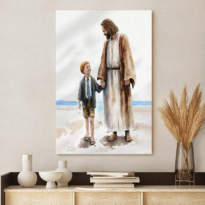 One By One Jesus Walking With Boy On Beach - Canvas Pictures - Jesus Canvas Art - Christian Wall Art