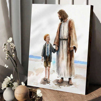 One By One Jesus Walking With Boy On Beach - Canvas Pictures - Jesus Canvas Art - Christian Wall Art