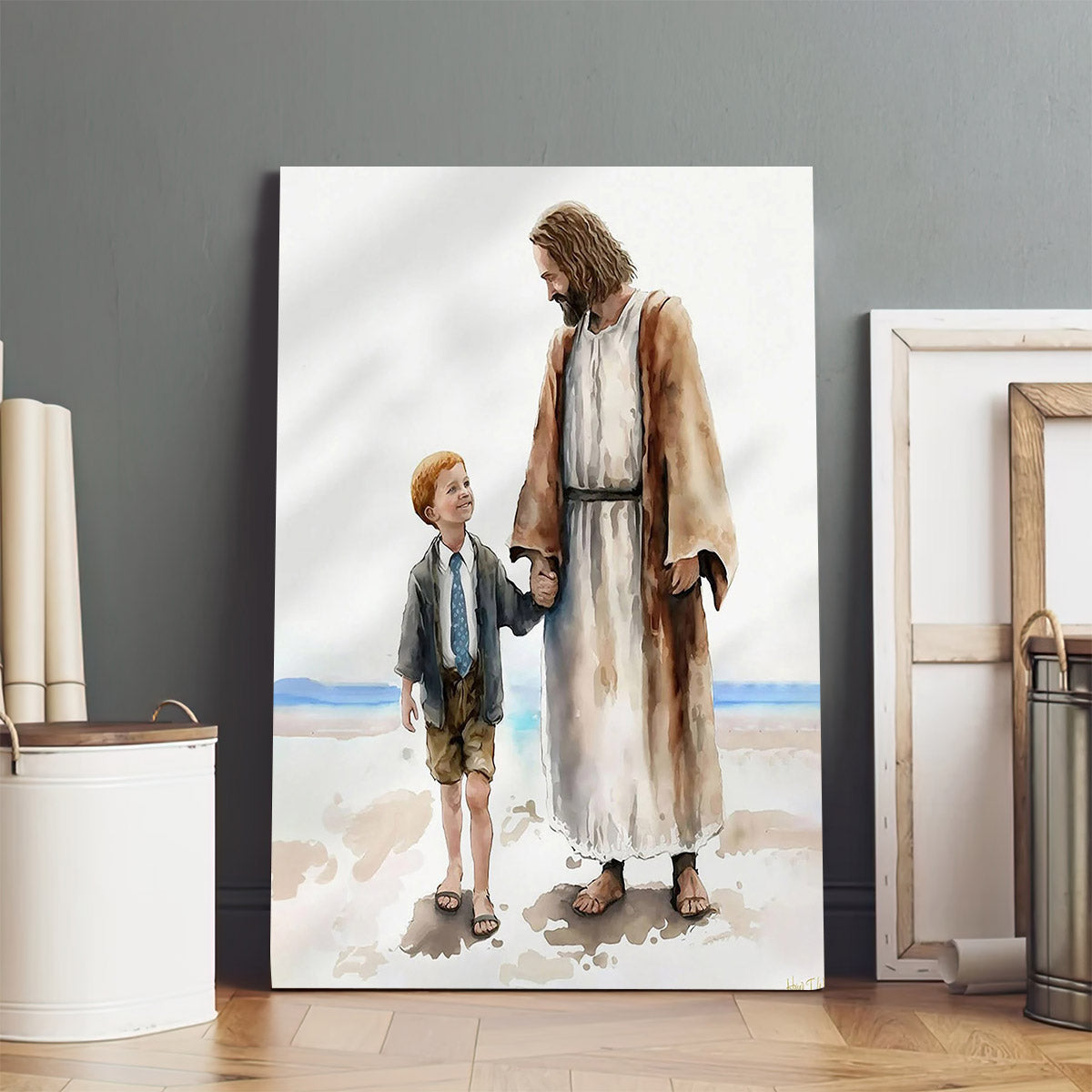 One By One Jesus Walking With Boy On Beach - Canvas Pictures - Jesus Canvas Art - Christian Wall Art