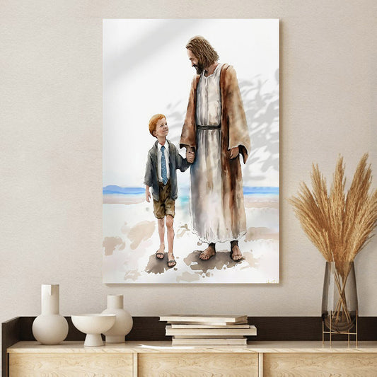 One By One Jesus Walking With Boy On Beach - Jesus Canvas Art - Christian Wall Art