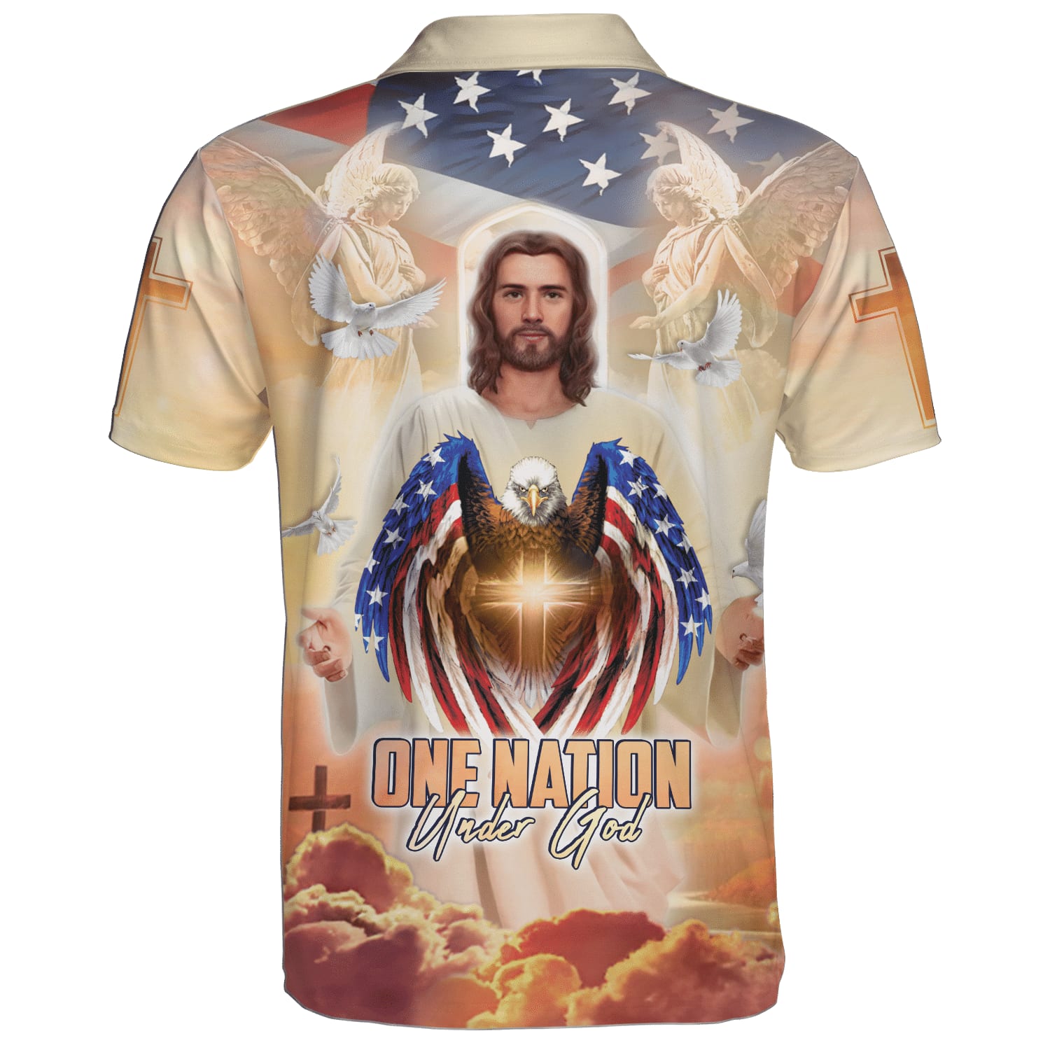 One Natiom Under God Jesus And Eagle American Polo Shirt - Christian Shirts & Shorts