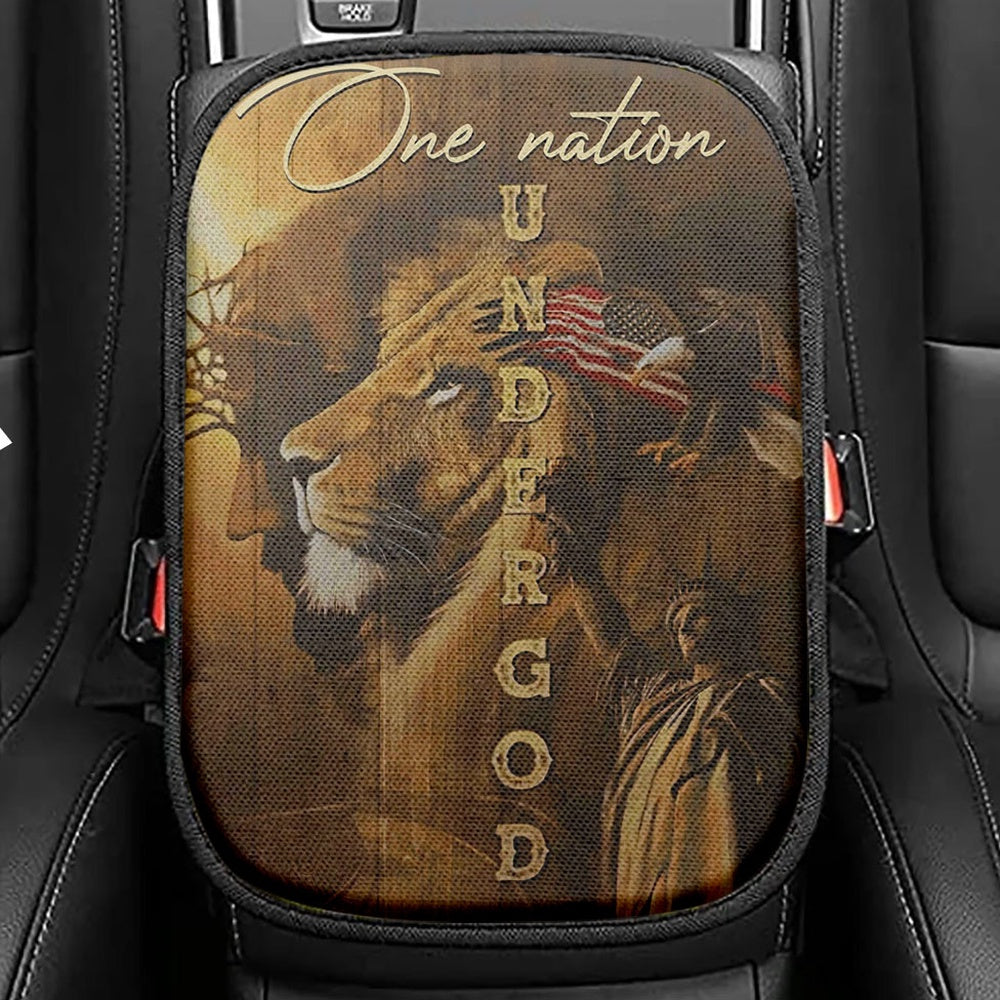 One Nation Seat Box Cover Seat Box Cover, Jesus & Lion & Eagle & Liberty Car Center Console Cover, Christian Car Interior Accessories