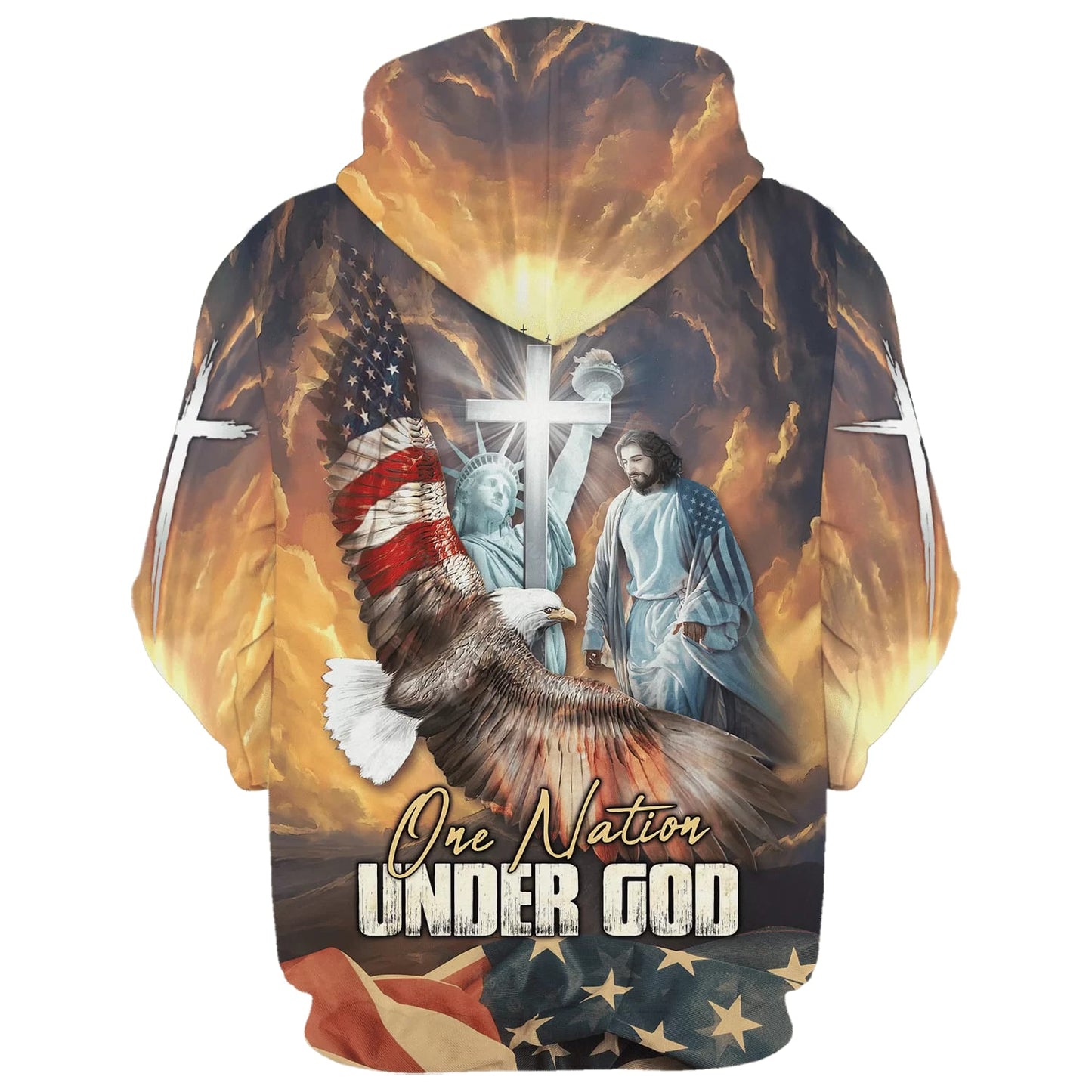 One Nation Under God - Jesus Eagle American Flag Christian Cross Hoodies - Jesus Hoodie