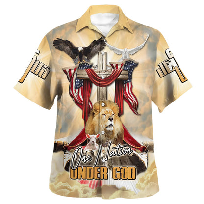 One Nation Under God America Flag Lion And The Lamb Jesus Hawaiian Shirt - Best Hawaiian Shirts - Christian Hawaiian Shirt