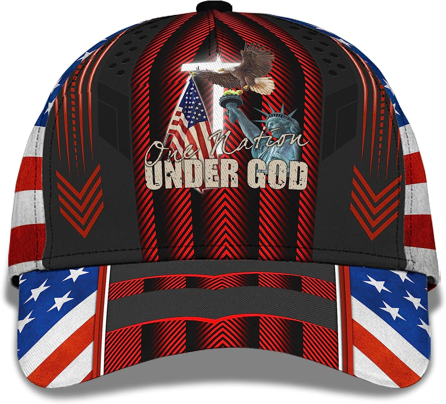 One Nation Under God Eagle On Liberty Statue Usa Flag And Cross All Over Print Baseball Cap - Christian Hats For Men Women