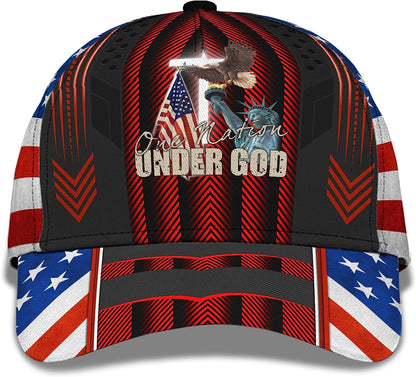 One Nation Under God Eagle On Liberty Statue Usa Flag And Cross All Over Print Baseball Cap - Christian Hats For Men Women