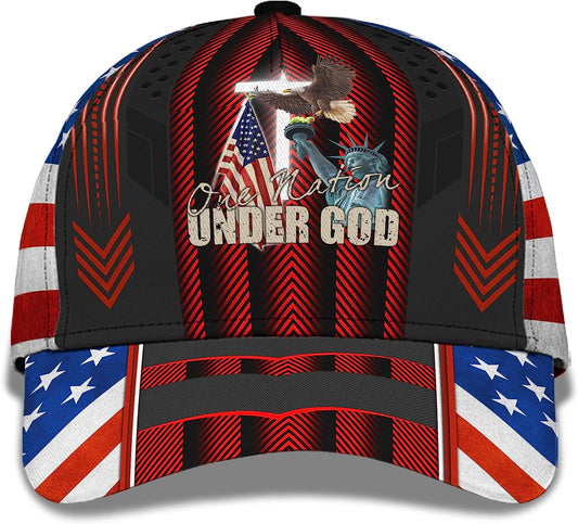 One Nation Under God Eagle On Liberty Statue Usa Flag And Cross All Over Print Baseball Cap - Christian Hats For Men Women