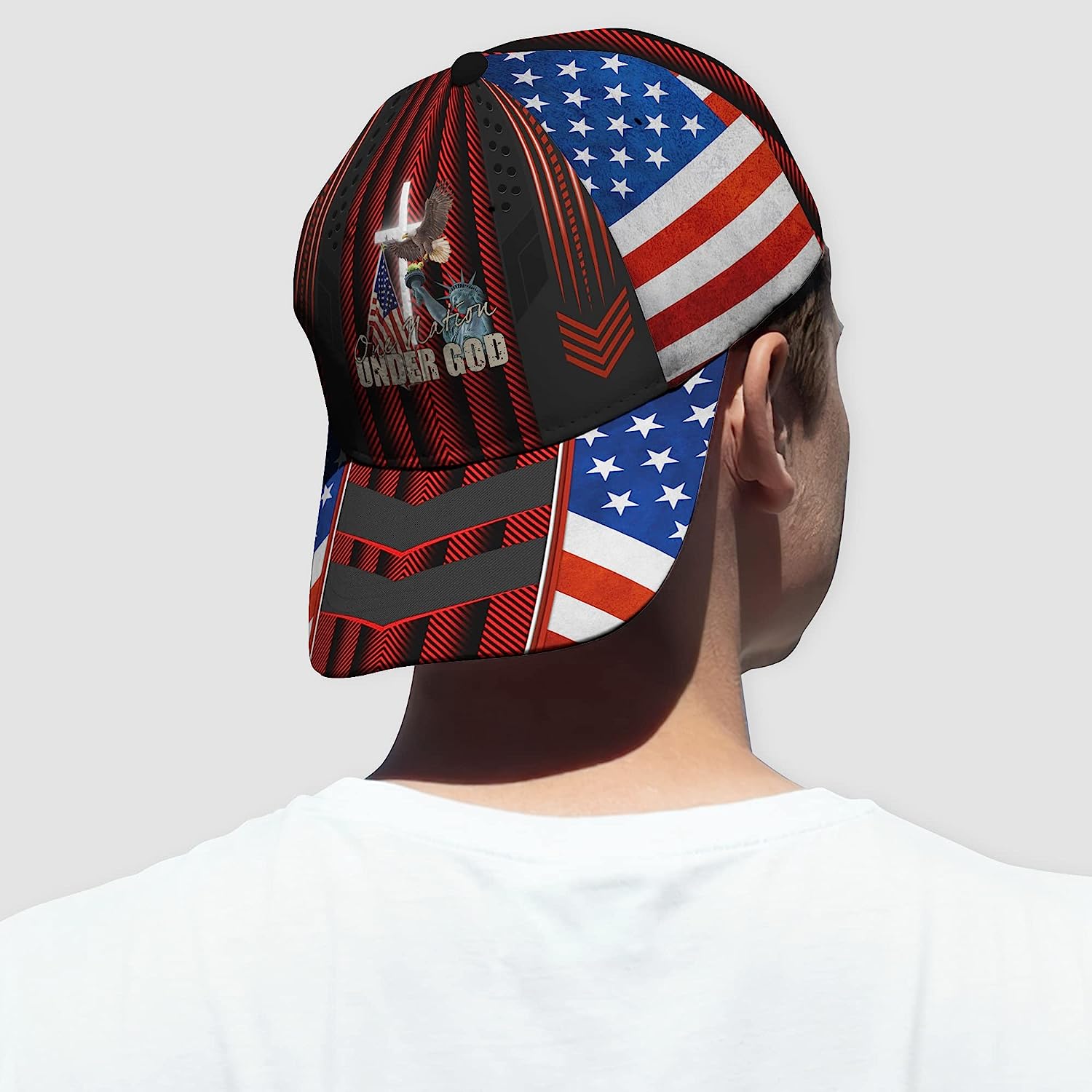 One Nation Under God Eagle On Liberty Statue Usa Flag And Cross All Over Print Baseball Cap - Christian Hats For Men Women